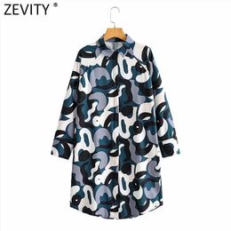 Zevity Women Vintage Graffiti Print Casual Loose Shirt Dress Female Turn Down Collar Chic Pockets Oversize Vestido DS5053 210603