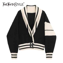 Patchwork Casual Cardigans For Women V Neck Long Sleeve Loose Black Knitwear Female Fashion Clothes Autumn 210524