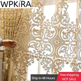 Luxurious Europe Gold Embroidery Tulle Curtain for Living Room Romantic Semi-Sheer Jacquard Voile Door Window Drapes ZH431H 210712