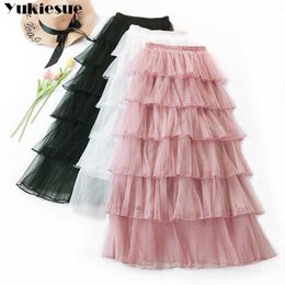 Summer Women Boho Long Skirt High Waist Ruffles Beach s Pink Jupe Femme Tulle Saia Midi Faldas Plus size 210608