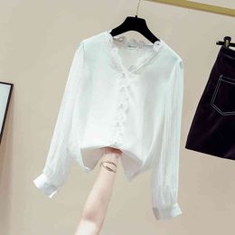 Autumn Women's Lace V Neck Long Sleeves Casual Chiffon Shirts Girls Ladies Shirt Blouse Tops A4078 210428