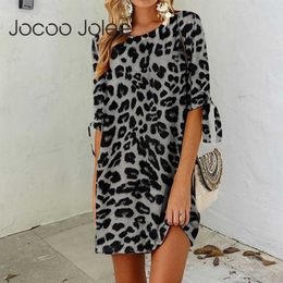 Jocoo Jolee Printing Women O-Neck Vintage Leopard Summer Lace Up Half Sleeve Sexy Casual Mini Dress Skinny Basic Office Lady 210619