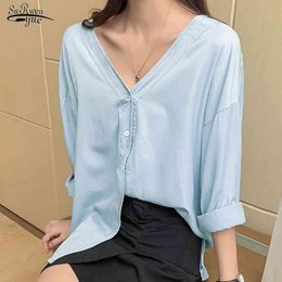 Autumn Korean Solid Long Sleeve Women Shirts Blue Casual Plus Size Button Cardigan Blouse V Neck Blusas Mujer 10322 210508