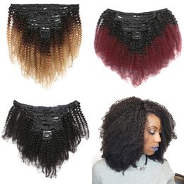 Brezilyalı Afro Kinky Kıvırcık Klip Insan Saç Uzantıları 8 adet 120g / Set 1B / 4/27 1B / 99J Bordo Doğal Renkli Klipler