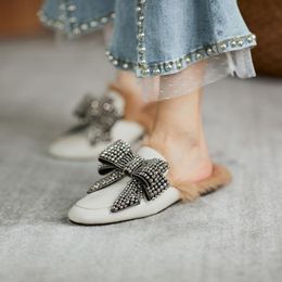 Women Real Leather Fur Backless Slipper Mule Slide Rhinestones Crystal Bowknot Princetown Shoes Warm Winter Black White Slippers