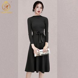 Autumn Winter Long Sleeve Sweater Dresses Women OL With Belt Elegant Solid Slim Vestido Da Festa 210520