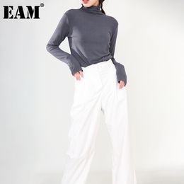 [EAM] Women Big Size Grey Brief Temperament T-shirt Turtleneck Long Sleeve Fashion Spring Autumn 1DD221802 210512