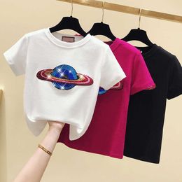 Sequin Cotton White Tshirt Women Tops Fashion Short Sleeve Summer Female T-shirt Casual Black Tee Shirt Femme 210604