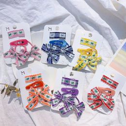 4 Pcs Korean Sweet Girl Princess Fabric Bow Rubber Band Hair Rope Fashion Children Baby Cute Embroidery Flower BB Clip Headwear