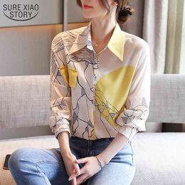 Korean Printed Women's Retro National Style Yellow Silk Long Sleeve Office Lady Top Female Fashion Floral Shirt 10740 210508