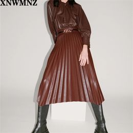 women Vintage pleated faux leather skirt Fashion Female Midi with an asymmetric hem invisible side zip fastening 210520