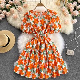 Women Summer Dress Korean Fashion Puff Short Sleeve Floral Print Mini Elastic Belt A-line Holidays Casual Sundress 210603