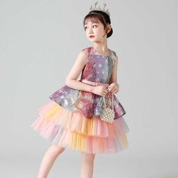 Color girls sequined net Evening Dresses 2021 Summer Autumn New wedding dress for girls Children's Day Q0716