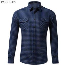 Retro Plaid Flannel Shirt Men Fashion Double Pocket Casual Button Down Shirts Mens Long Sleeve Work Camp Out Shirt Male Chemsie 210522