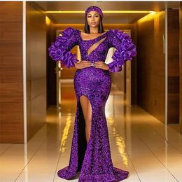 Sparkly Purple Mermaid Prom Dresses Sequined Black Girl Long Sleeves African Ruffled Side Split Evening Gowns Sweep Train Plus Size Formal Dress