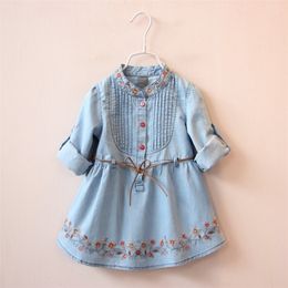 Spring Autumn 3-12 Ages Kids Embroidery Flower Long And Short Sleeve Double Use Denim Blue Elegant Dress For Girl With Belt 210701