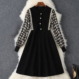 2022 Spring Long Sleeve Lapel Neck Black Contrast Colour Print Knitted Panelled Buttons Knee-Length Dress Elegant Casual Dresses 21S13B441