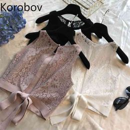Korobov Spring Summer Women Blouses Korean Sleeveless Backless Crop Top Shirts Lace O Neck Lacing Bow Blusas 79577 210719