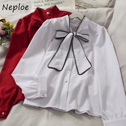 Neploe Elegant Bow Design Loose Blouse Women Turn Down Collar Long Sleeve Single Breast Blusas Spring Ol Shirt Loose 210510