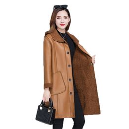 Brown Winter Faux Leather Jacket Women Coat Warmth Plus Thick Black Size Jackets Lapel Tops PU Fashion Coats LR728 210531