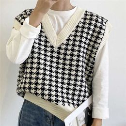 Women Houndstooth Loose Knitted Vest Sweater Girls V Neck Sleeveless Thick Vintage Sweater Suits Female Waistcoat Chic Tops 211008