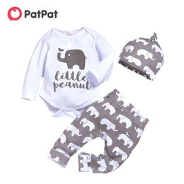 Arrival 3-piece Baby LITTLE PEANUT Elephant Bodysuit and Pants with Hat Set Toddler Girl Sets Clothes 210528