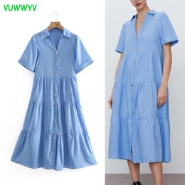 Blue Patchwork Linen Midi Woman Dress Summer Elegant Casual Pleated Smock Women Short Sleeve Front Button Vestidos 210430