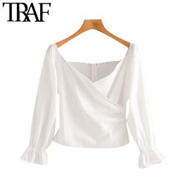 Women Sexy Fashion Crossover Cropped Blouses Vintage Slash Neck Back Elastic Zipper Female Shirts Blusas Chic Tops 210507