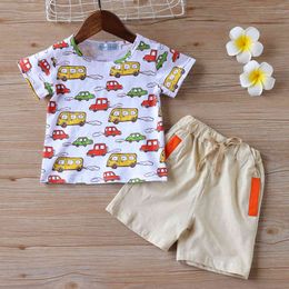 Boys Clothes Set Summer Short White Cartoon CarPrinting T-shirt Top + Shorts 2Pcs Suit Kids 210515