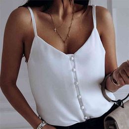 Kayotuas Women T-Shirt Fashion Summer Spaghetti Strap Buttons Casual Tops Female Sleeveless V-Neck Streetwear 210522