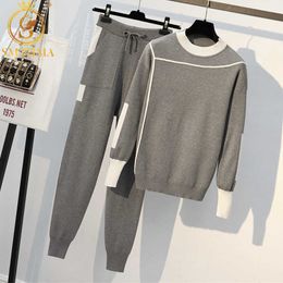 HMA 2021 New Autumn Runway 2 Pieces Set Knitted Long Sleeve Pullovers Sweater Casual Patchwork Jumper Tops And Pants Suits Y0625