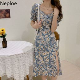 Neploe Korean Chic Vintage Daisy Dress Women Puff Short Sleeve Sundress Vestidos Korean High Waist Slim Fit A-line Split Dresses 210422