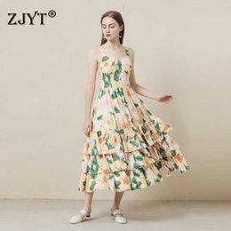 Summer Style Runway Fashion Floral Print Dress Women Elegant Ruffle Spaghetti Strap Robe Femme Long Holiday Party Vestidos 210601