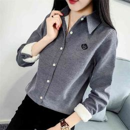 Very Thick Women Winter Style Blouses Shirts Lady Casual Long Sleeve Turn-down Collar Velvet Blusas Tops DF3161 210323