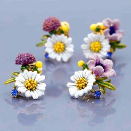 Series Enamel Glaze White Daisy Poppy Purple Flower Ball Earrings Ear Clip Female