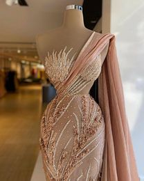 Blush Pink Mermaid Prom Dresses With Wrap One Shoulder Lace Beaded Dubai Glitter Robe De Soiree Arabic Evening Dress 2021 Women Pa225T