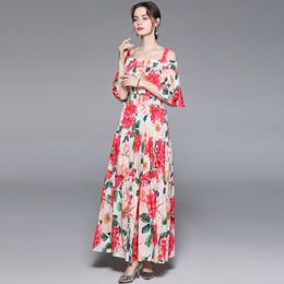 est Floral Print Ankle-Length Vacation Women Summer Sexy Off Shoulder Spaghetti-Strap Elastic Waist A-Line Maxi Dress 210514