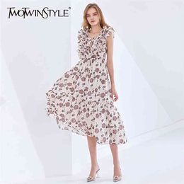 Elegant Patchwork Ruffle Dress For Women Square Collar Sleeveless Lace Up Bowknot Midi Dresses Female Fashion 210520
