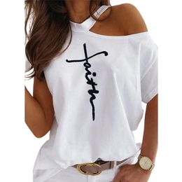 Summer Sexy Off Shoulder Women's Fashion Tops Letter Printed O Neck Short Sleeve Funny T Shirt Loose Casual Cotton Pullovers 210623