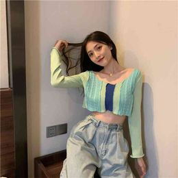 Spring Autumn Women's Tops Korean Style Splicing High Waist Long Sleeve Shirt Thin and slim Loose Short T-shirt LL553 210506