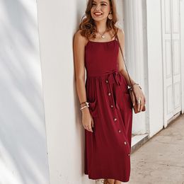 Women summer Spaghetti Strap Women's long Dress Casual solid high quality cotton dress with belt for female girls 210524