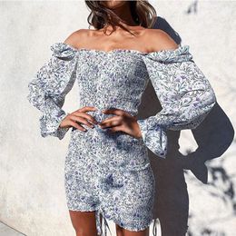 Women's Boho Floral Dress Sexy Off Shoulder Autumn Ins Vestido Long Puff Sleeve Pleated Strapped Lacee Up Wrap Mini Dresses 210422
