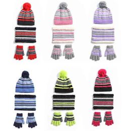 Kids Winter Knit 3pcs Beanie Hat Scarf Gloves Set Contrast Color Striped Thick Plush Lined Pompom Skull Neck Warmer