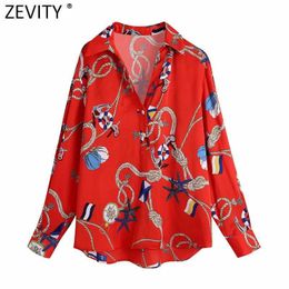 ZEVITY Women Retro Print Red Chiffon Shirt Ladies Vintage Long Sleeve Chic High Street Smock Blouse Female Business Tops LS9125 210603