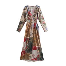 Fashion Floral Print Midi Dress Women Summer Cross V-neck Long Sleeve Female Dresses Vestido Feminino 210430