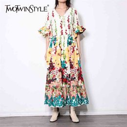 Hit Color Print Dress For Women V Neck Flare Half Sleeve High Waist Midi Dresses Female Summer Fashion Clothes 210520