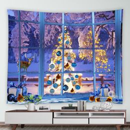 Tapestries Window Outside Christmas Trees Tapestry Winter Natural Landscape Year Xmas Decor Wall Hanging Picnic Mat Blanket