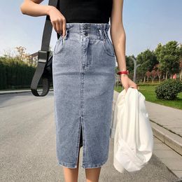 Skirts 2021 Summer High Elastic Waist Women Long Denim Skirt With Belt Blue Black Slit A Line Jeans Streetwear Saia