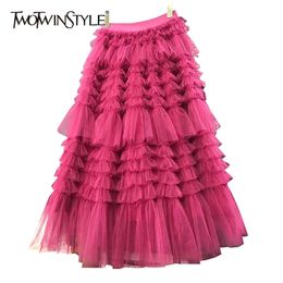 Black Patchwork Mesh Skirt For Women High Waist Ruffle Elegant Midi Skirts Female Fashion Clothing 210521