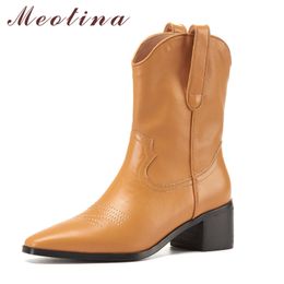 Meotina Mid Calf Boots Women Shoes Genuine Leather High Heel Western Boots Pointed Toe Chunky Heels Slip On Ladies Boots White 210520